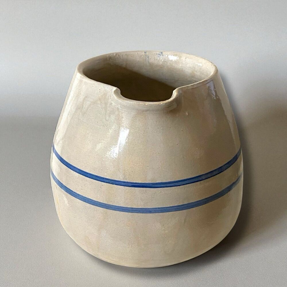 Vintage Glazed Stoneware Pottery Crock Pitcher Double Blue Band Utensil Holder - Picture 5 of 7